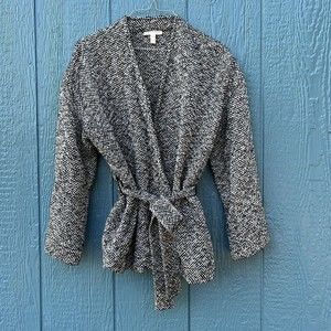 Eileen Fisher Women XS Organic Cotton Black White Wrap Jacket Tie Belt Kimono